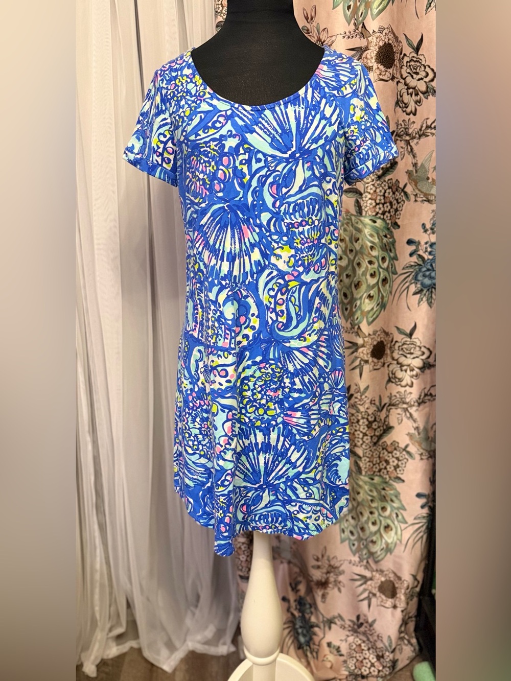 Lilly Pulitzer Size S Blue Seashell Print T-Shirt Shift Dress Stretch